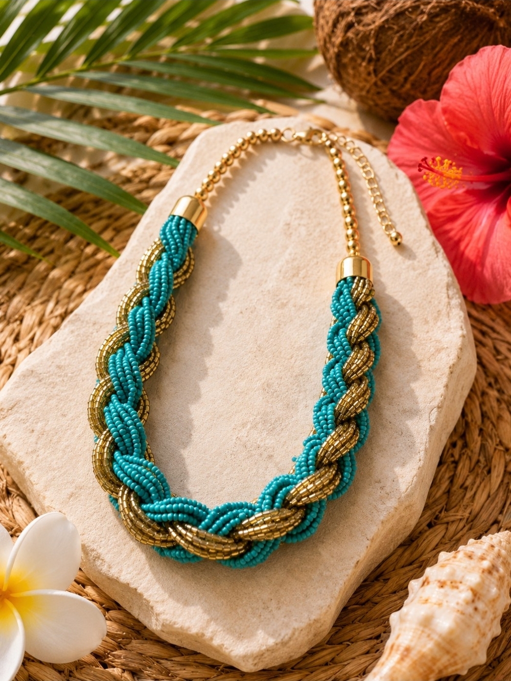 Gold & Teal Braided Bead Necklace - Women Jewelry